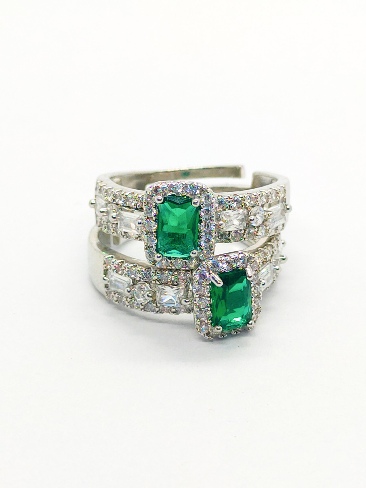 Green Stone Silver Ring with Diamonds (Adjustable) - Image 2