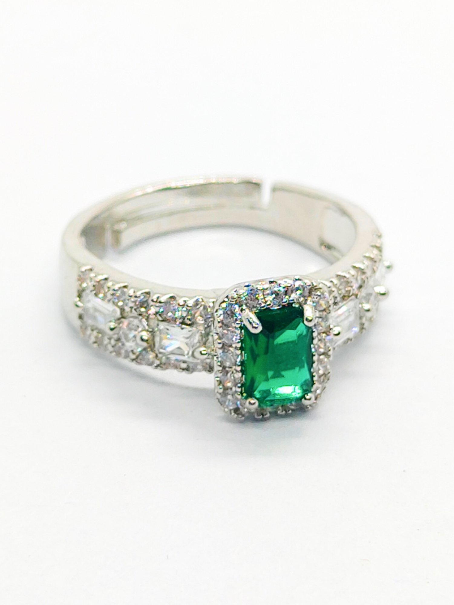 Green Stone Silver Ring with Diamonds (Adjustable)