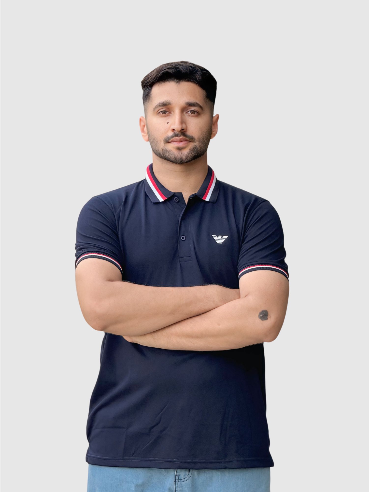 Navy Blue Polo Shirt with Red and White Striped Collar