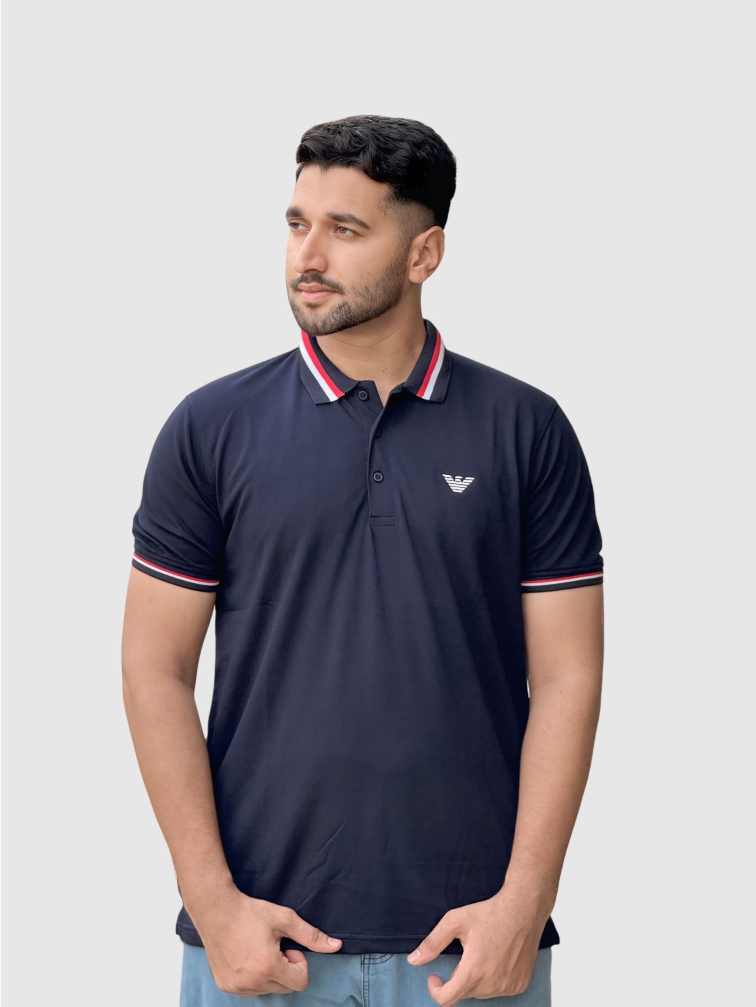 Navy Blue Polo Shirt with Red and White Striped Collar - Image 2