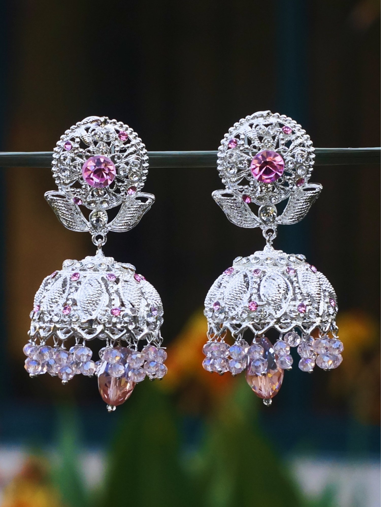 Pink Crystal Jhumka Earrings