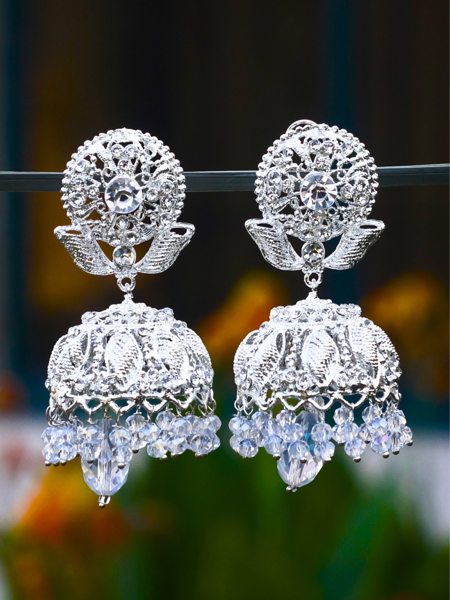 Silver Crystal Jhumka Earrings