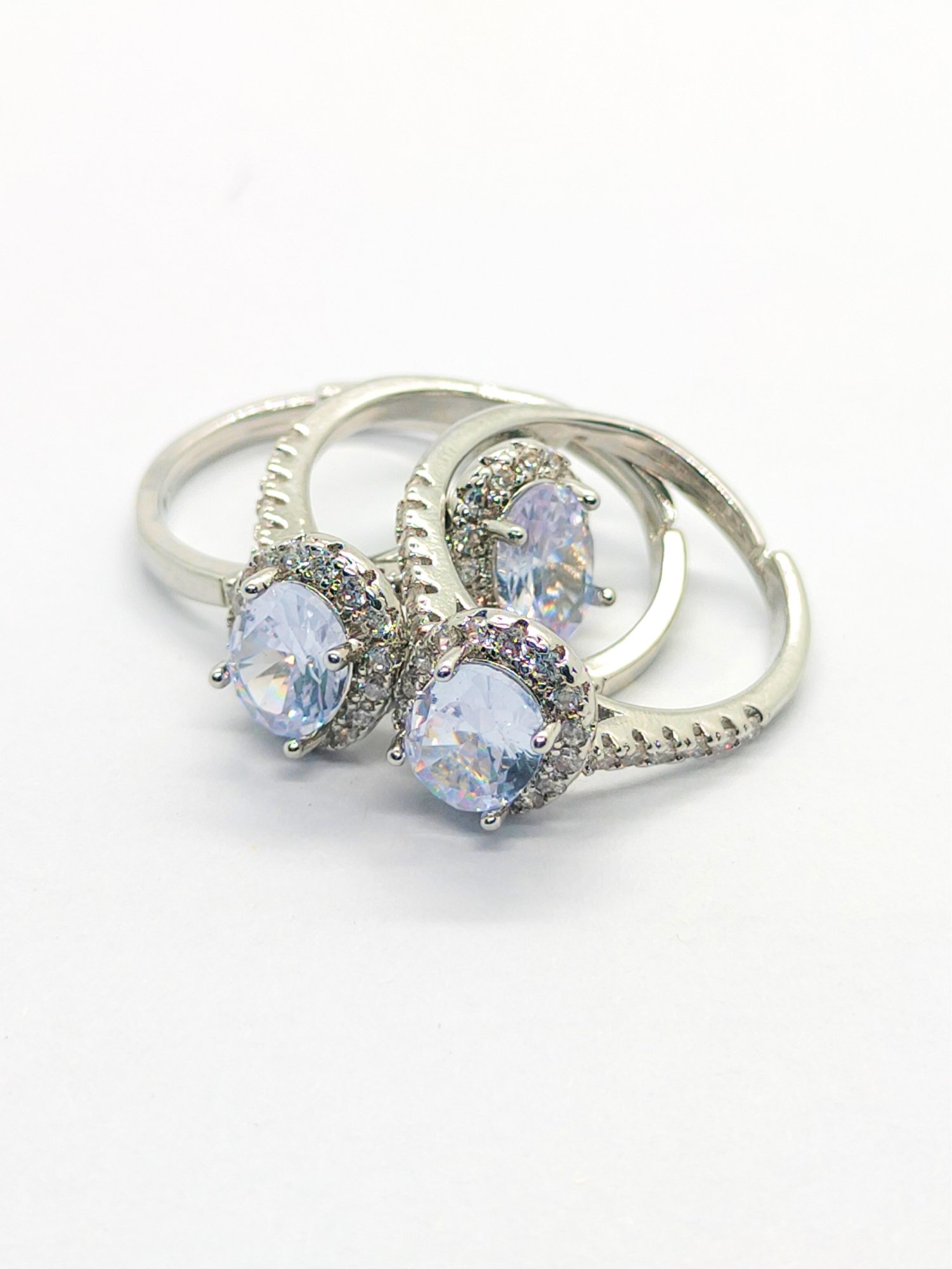 White Oval Gemstone Ring with Diamond Halo in Silver (Adjustable) - Image 2