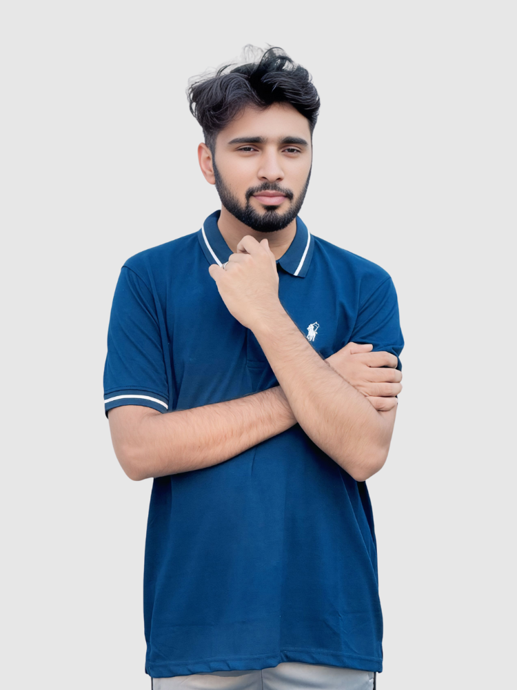 Navy Blue Polo Shirt with White Striped Collar