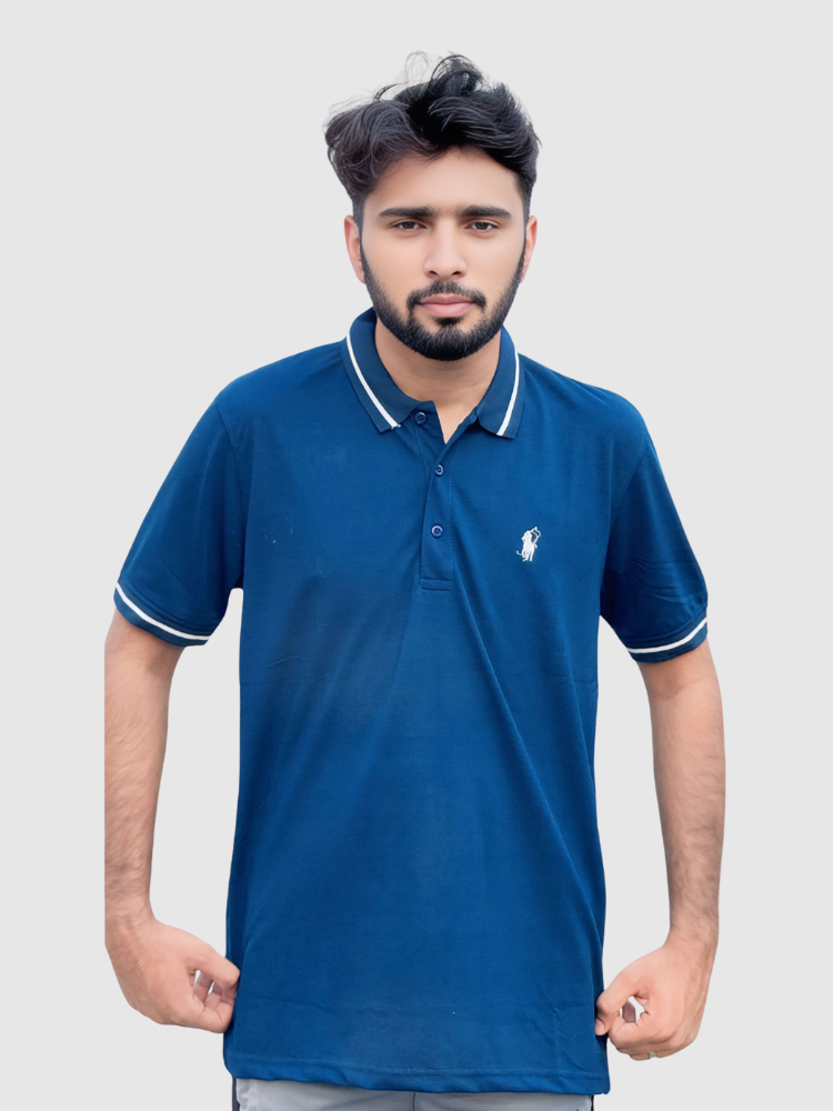 Navy Blue Polo Shirt with White Striped Collar - Image 2